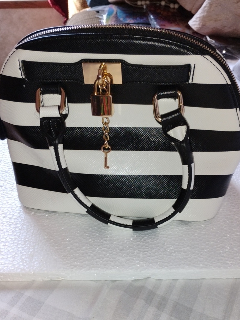Aldo Black and White Striped Dome Satchel with Gold Padlock